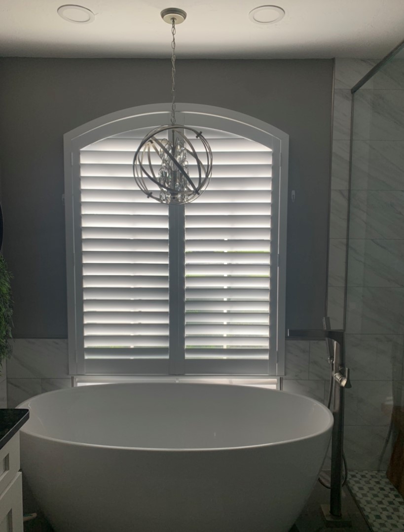 Master Bathroom Rehab Chandelier Tub Plantation Shutters