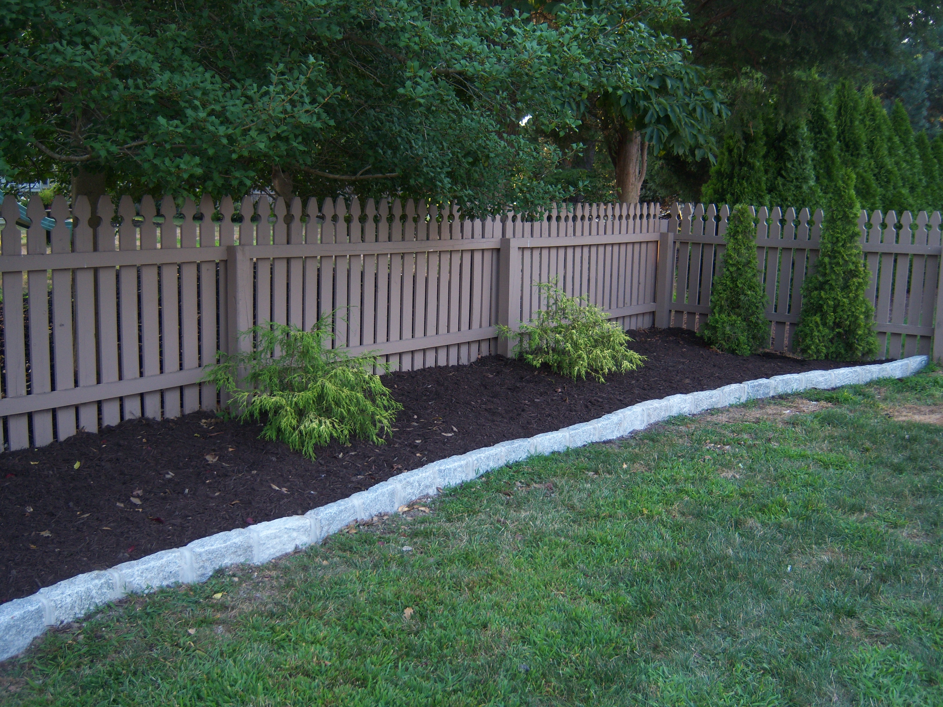 Backyard Mulch with Golden Thread Cypress and Belgian Block