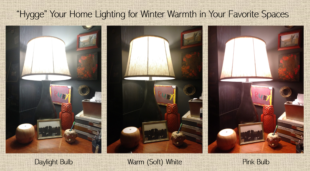 Hygge Interior Home Lighting Pink Bulbs and Soft White Bulbs