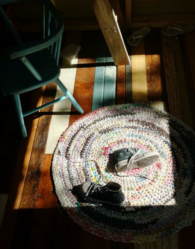 Thrift Store Rug for Backyard Playhouse Interior Decor